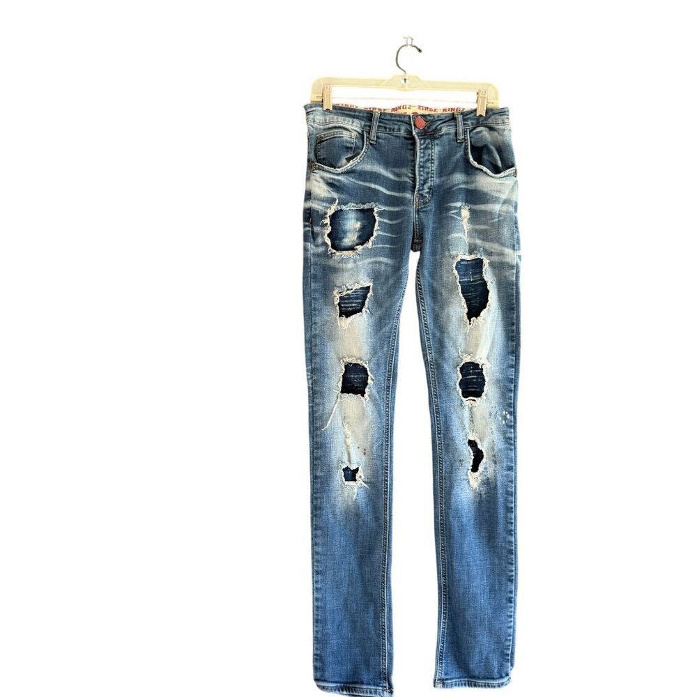 Kingz Distressed Button Fly Straight Leg Jeans Men's 31x34 Blue Denim